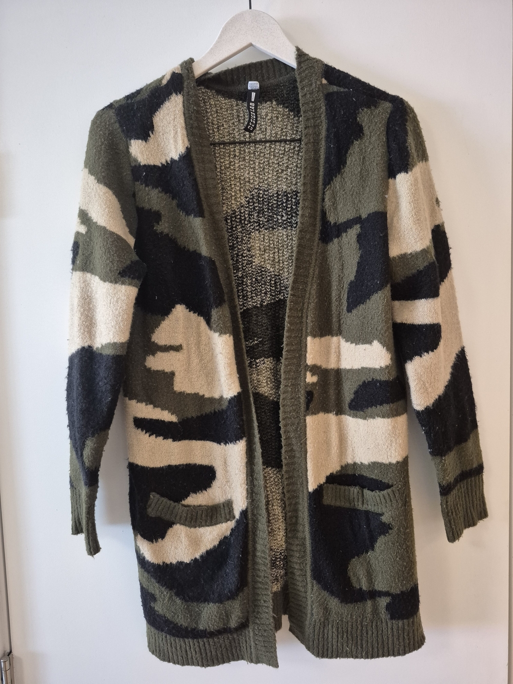 Design Lab Open-Front Camo Cardigan Sweater - Olive/Black/Cream